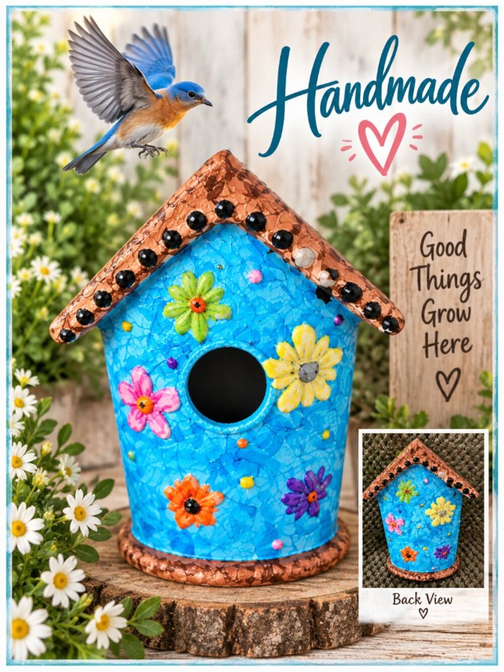 Handmade Whimsical Floral Birdhouse – Bright Blue Cottage Garden Deco